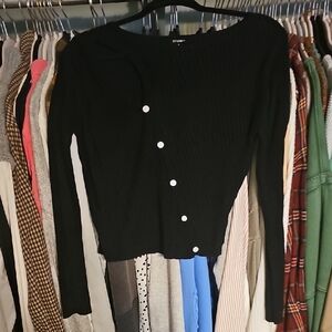 Black Ribbed Button-Detail Long Sleeve Top